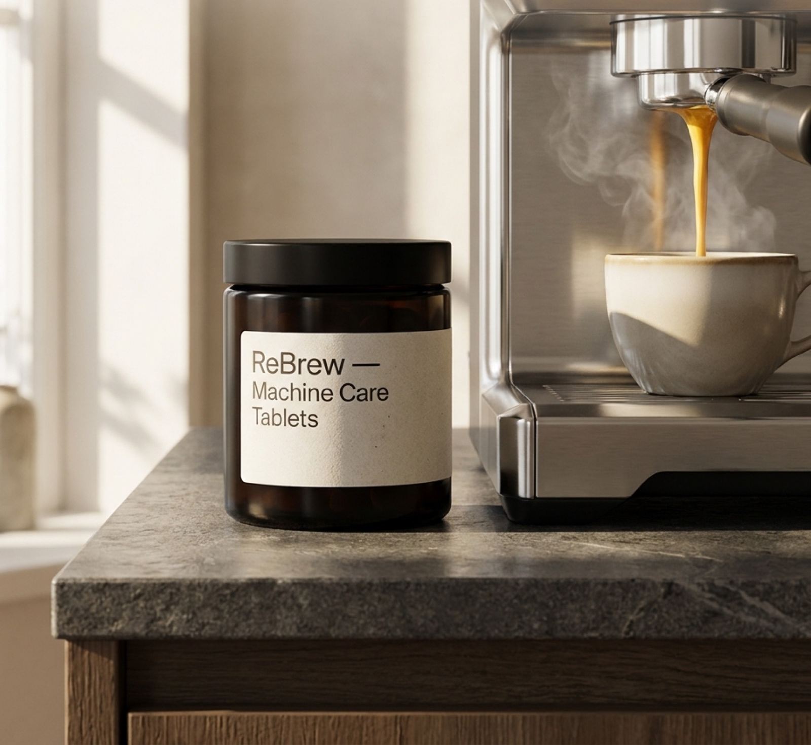 ReBrew machine care tablets in a cream canister beside an espresso machine